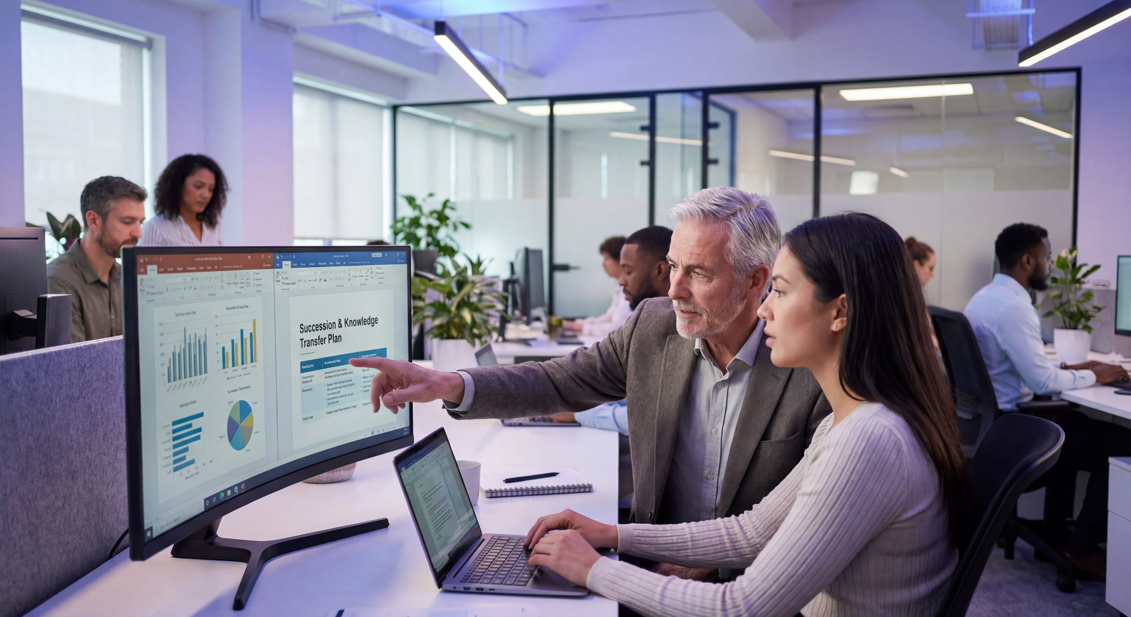 Senior employee mentoring younger colleague for knowledge transfer before retirement in professional office setting