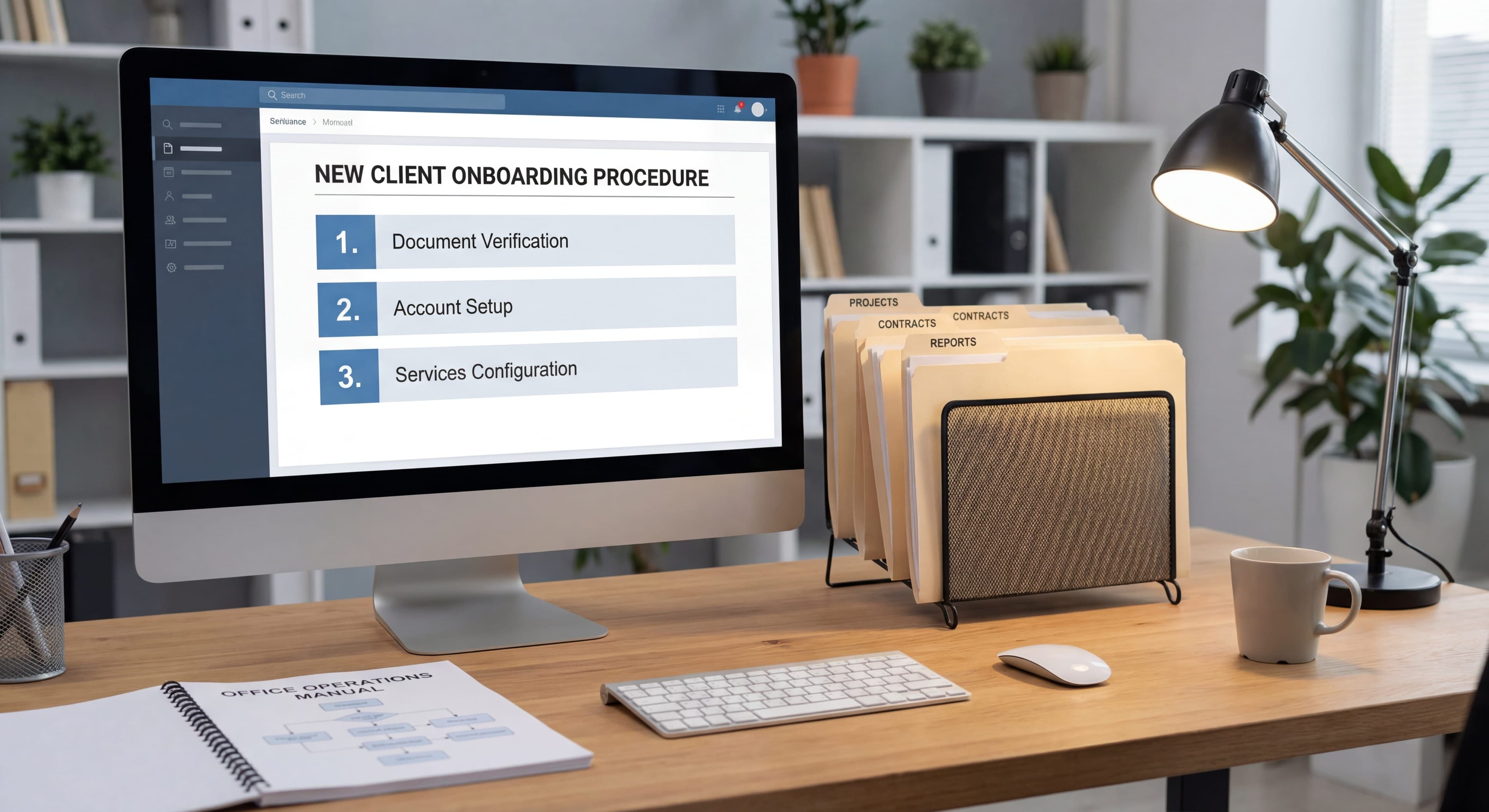 Desktop procedure guide showing computer-based task documentation on workstation