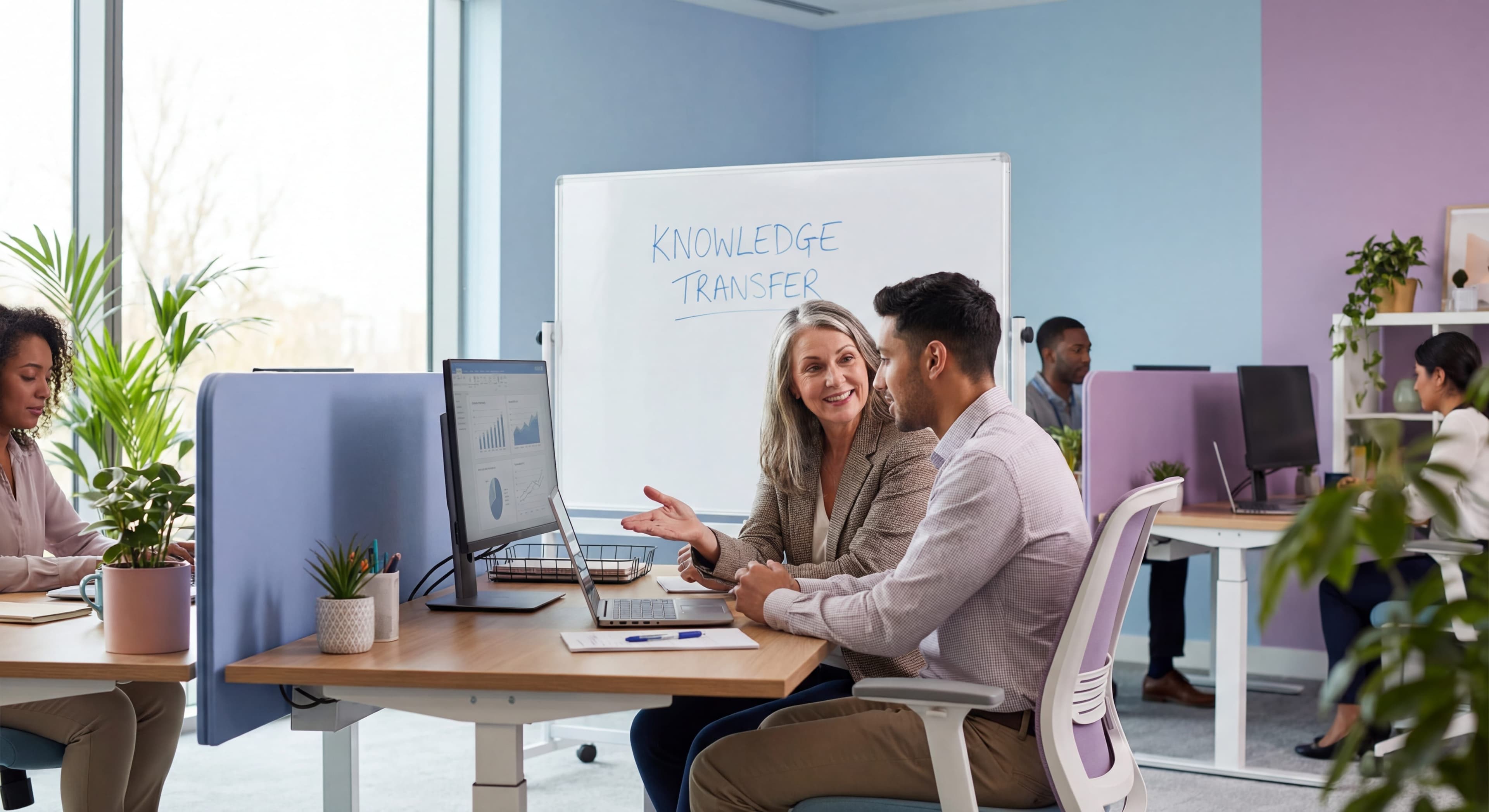 Mentor guiding employee in knowledge transfer session, demonstrating effective mentorship for organizational learning