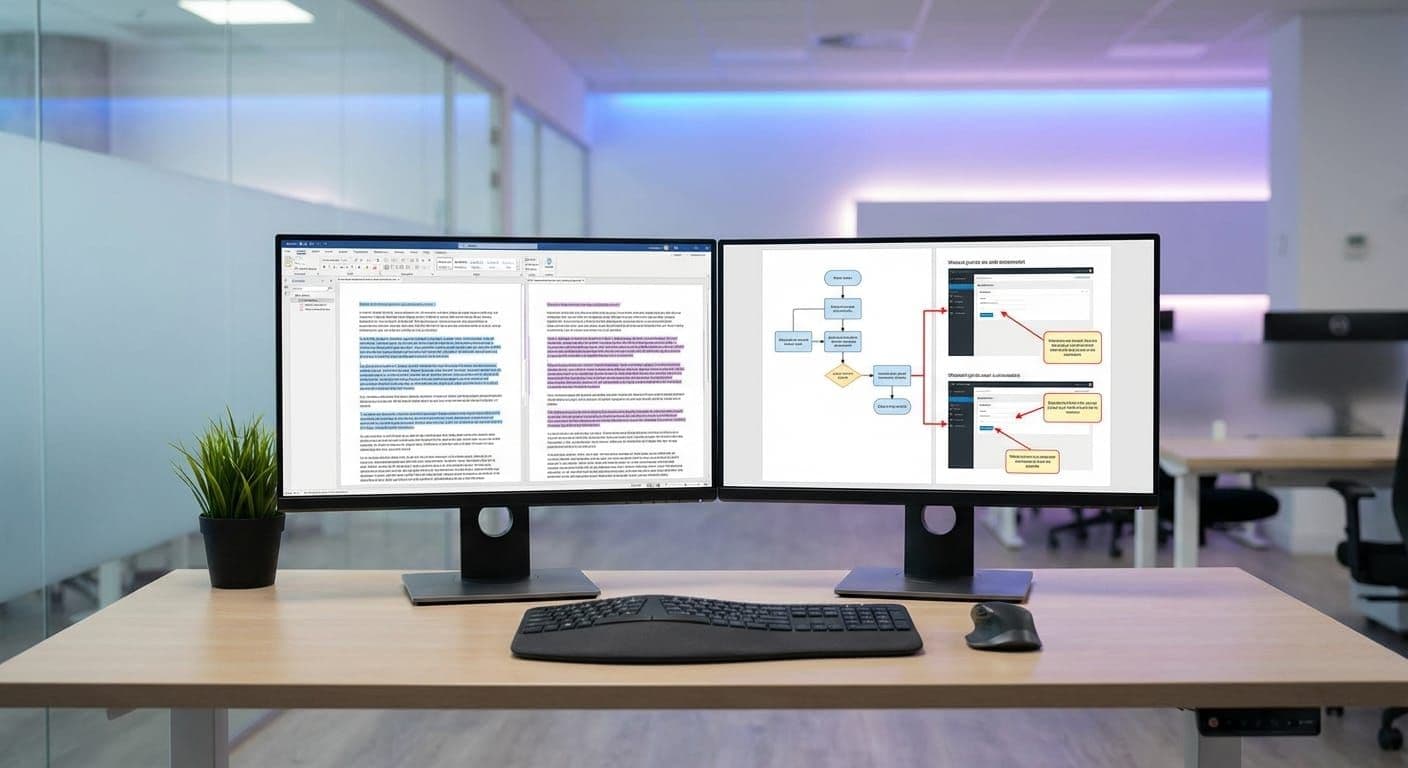 Dual monitors comparing text-only documentation versus visual SOPs with screenshots and annotations in professional office
